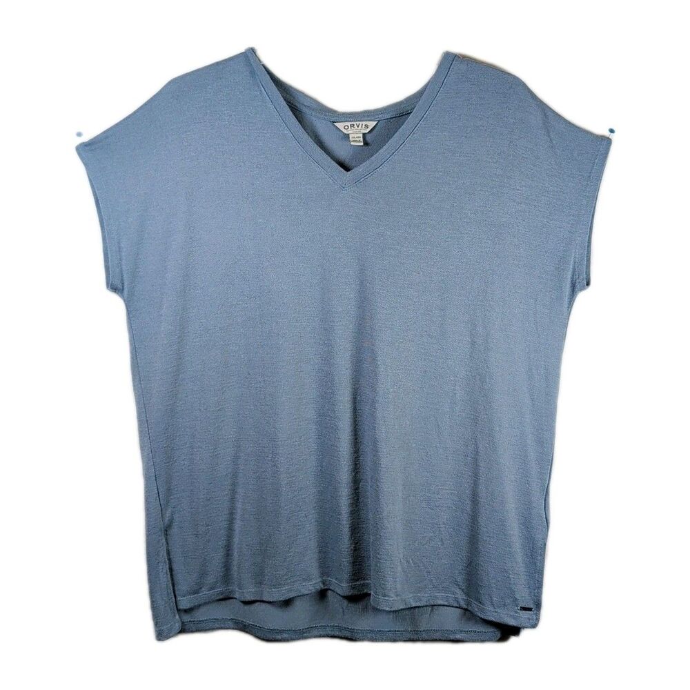 Orvis Women Knit Top - XXL - Blue VNeck Classic Collection Short Sleeve Pullover